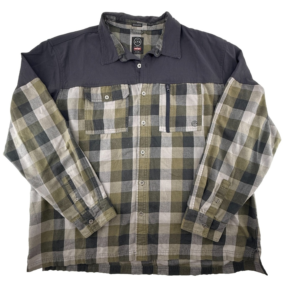 Wrangler ATG Flannel Shirt Jacket Mens 2XL Green Plaid Button‎ Up Outdoor Hiking